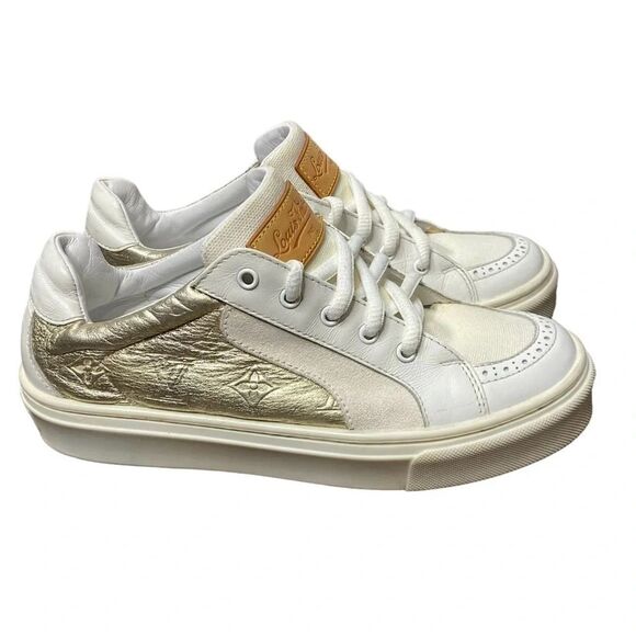 Louis Vuitton Kids Sneakers Gold Monogram Leather Logo 32 / US 1 Unisex - Picture 4 of 9